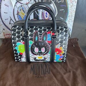 Moynat Black Printed Mini Bowler Bag with Colorful Bunny Motif